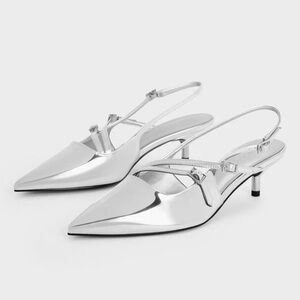 Charles & Keith Silver Buckle Strap Kitten Heels Slingback Miu Miu inspired